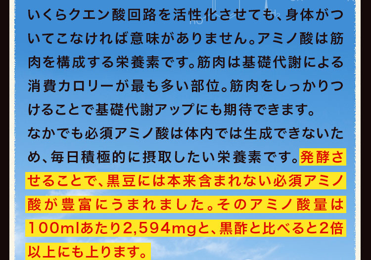 発酵させることで、黒豆には本来含まれない必須アミノ酸が豊富にうまれました。